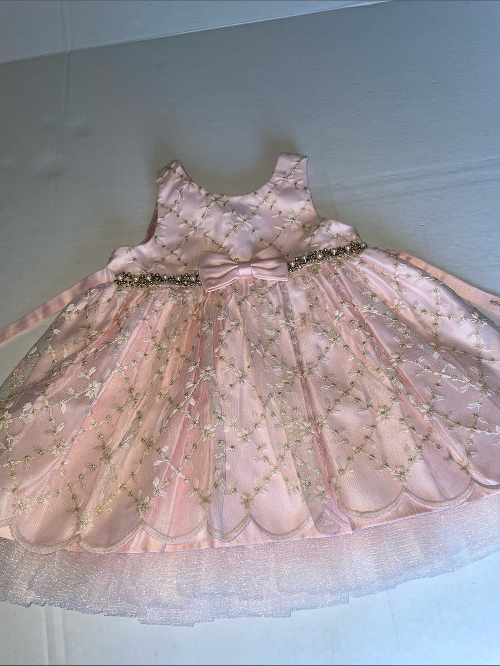Girls' Light Pink Embroidered Tulle Party Dress with Bow Waist Size 18 Months